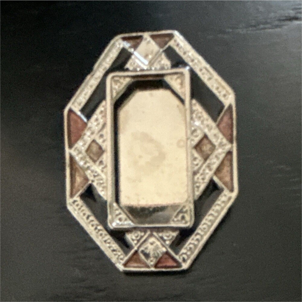 Vintage Art Deco Revival Miniature Photo Frame Brooch Black Brown Enamel